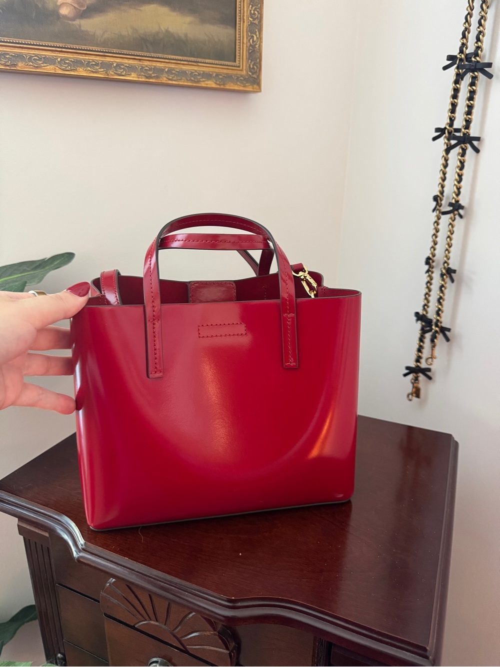 Tory Burch Red Patent Tote with Gold Logo - Picture 3 of 11